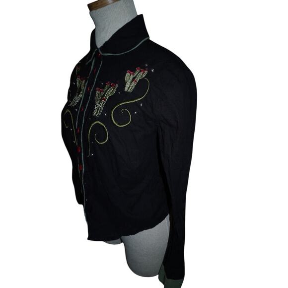 Collectif London Western Cactus Embroidered Shirt Black Red Buttons Size S UK 10 - Picture 5 of 12